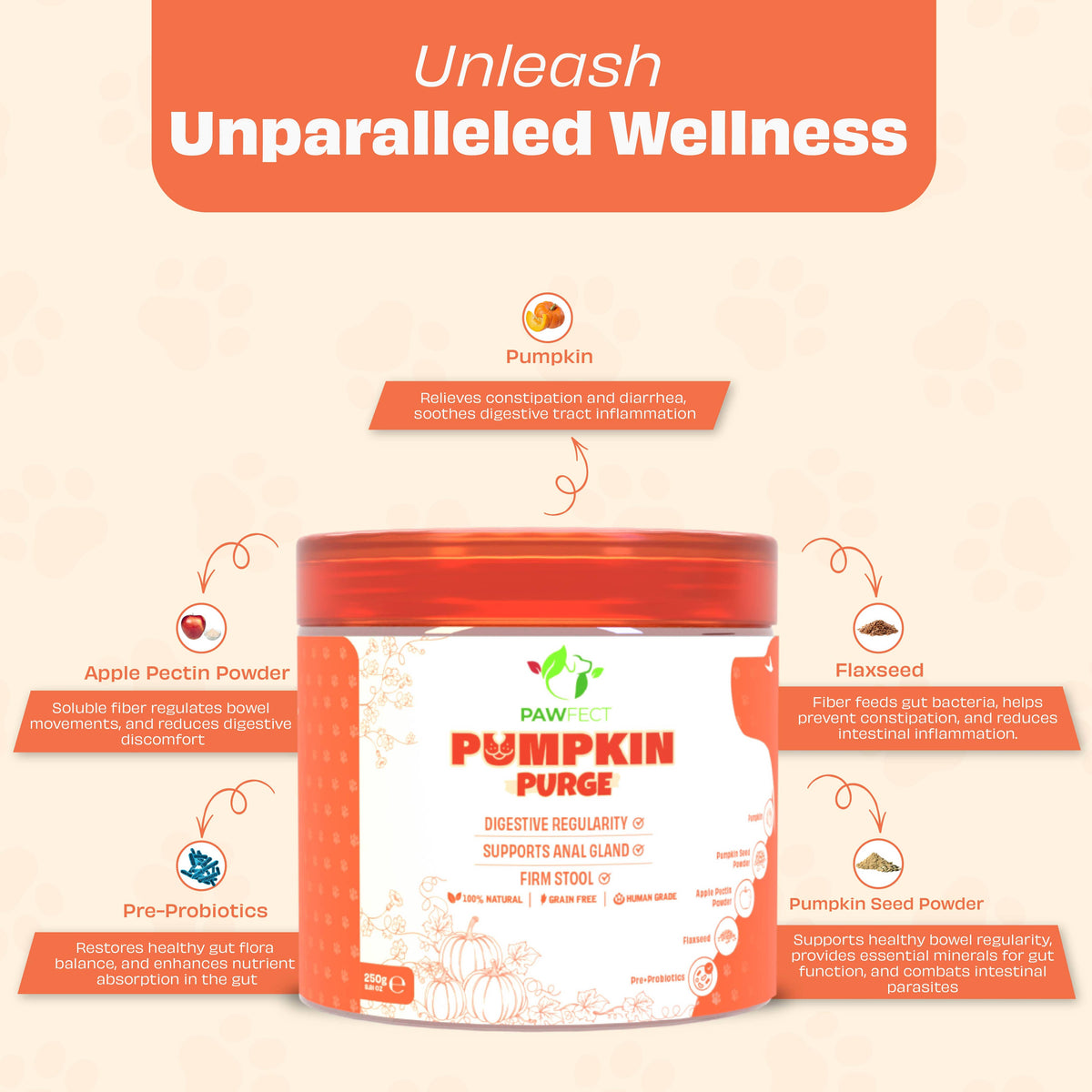 Pawfect Pumpkin Purge daily Topper for Dogs | 100% Natural | Enriched with Apple Pectin powder, Flaxseeds, Pre & Pro Biotics | Digestive Regularity | Firm Stool | Supports Anal Gland (250g/8.8oz)